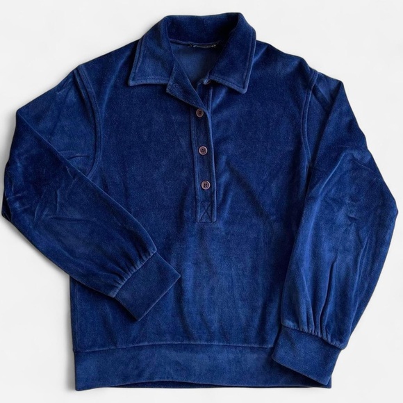Panther Sweaters - Vintage Panther Dark Navy Blue Velour Long Sleeve 1/2 Button Pullover
